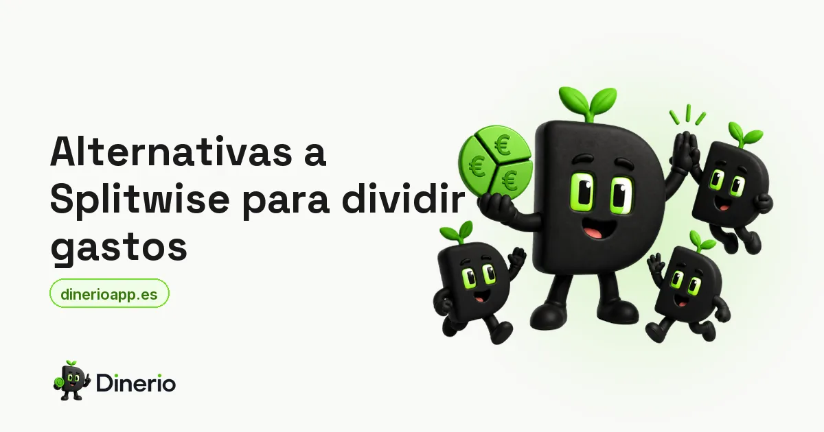 La mascota de Dinerio repartiendo una moneda junto a otras mascotas de Dinerio, junto al título del artículo sobre alternativas a Splitwise
