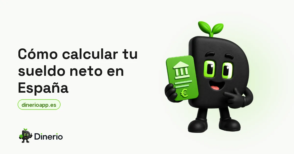 La mascota de Dinerio sosteniendo una tarjeta verde con el icono de un banco, junto al título de la guía para calcular el sueldo neto en España