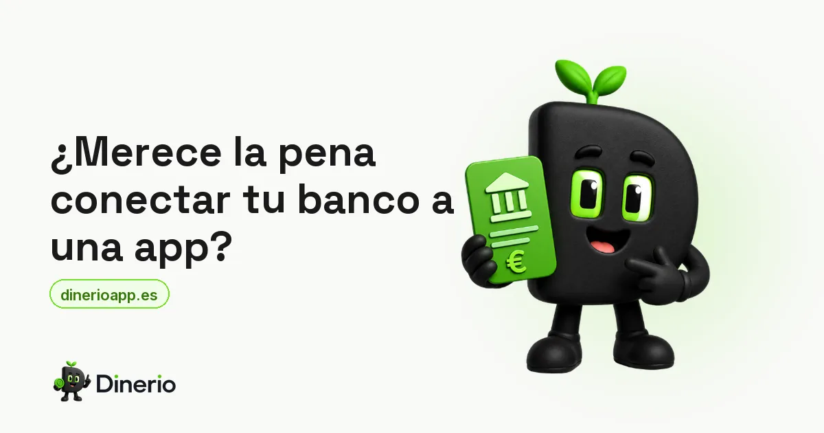 La mascota de Dinerio sosteniendo una tarjeta verde con el icono de un banco, junto al título del artículo sobre si merece la pena conectar el banco a una app de finanzas