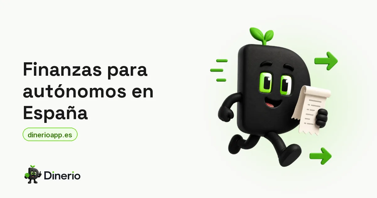 La mascota de Dinerio corriendo con un tique de compra, junto al título de la guía de finanzas para autónomos en España