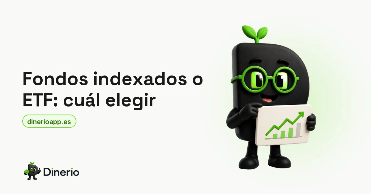 La mascota de Dinerio sosteniendo un gráfico de inversiones al alza, junto al título del artículo que compara fondos indexados y ETF