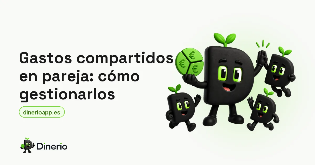 La mascota de Dinerio repartiendo una moneda junto a otras mascotas de Dinerio, junto al título del artículo sobre gastos compartidos en pareja