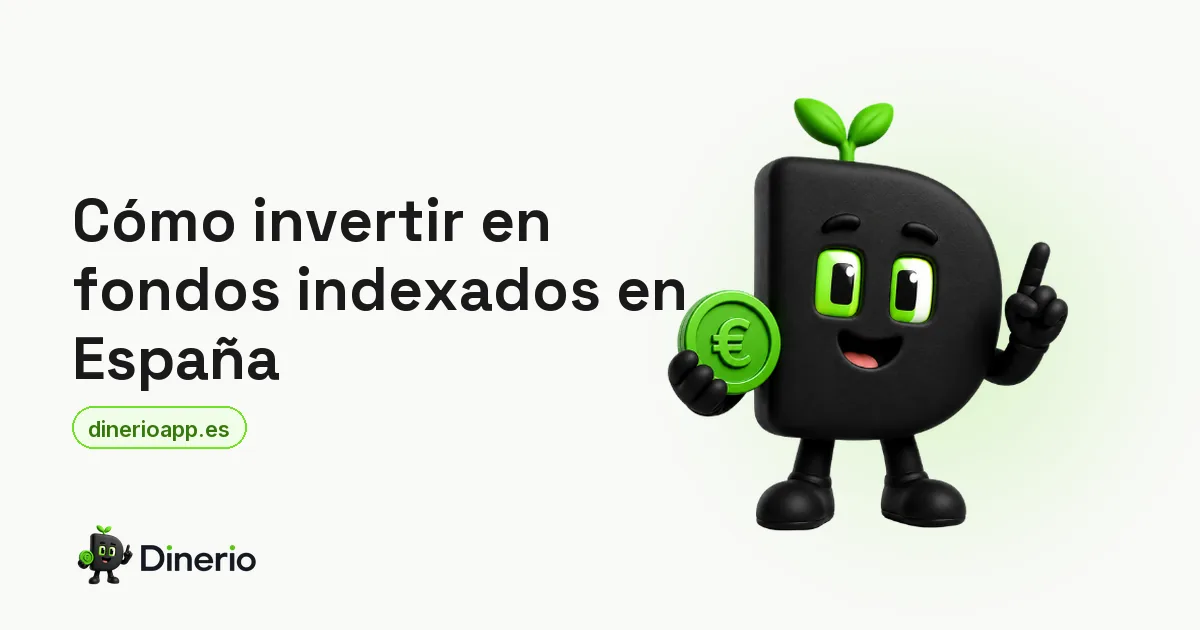 La mascota de Dinerio sosteniendo una moneda de euro, junto al título de la guía para invertir en fondos indexados en España