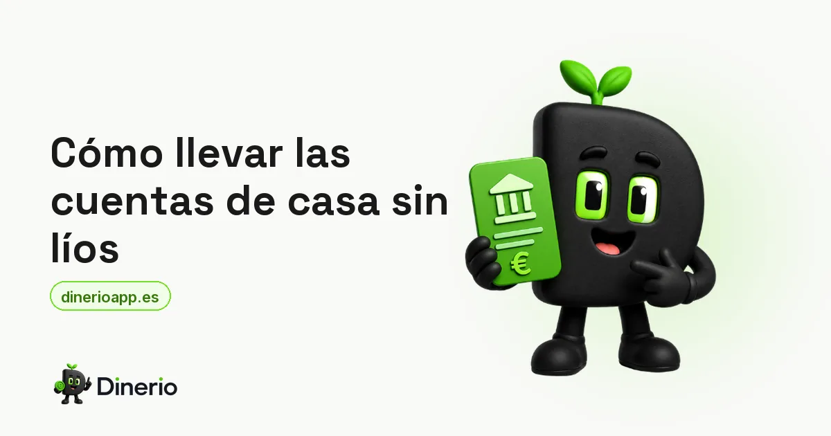 La mascota de Dinerio sosteniendo una tarjeta verde con el icono de un banco, junto al título del artículo sobre cómo llevar las cuentas de casa