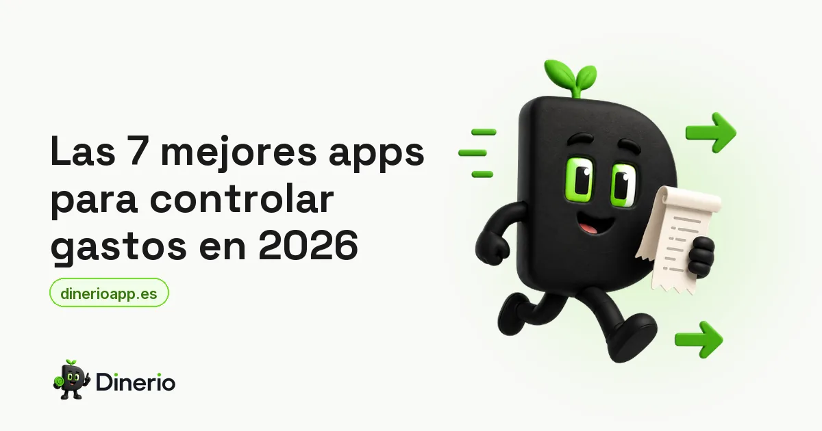 La mascota de Dinerio corriendo con un tique de compra, junto al título del artículo sobre las mejores apps para controlar gastos