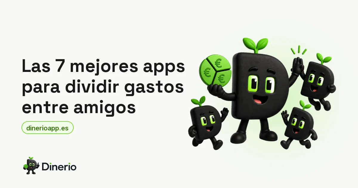La mascota de Dinerio repartiendo una moneda junto a otras mascotas de Dinerio, junto al título del artículo sobre apps para dividir gastos entre amigos