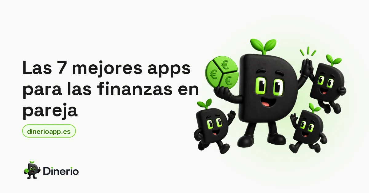 La mascota de Dinerio repartiendo una moneda junto a otras mascotas de Dinerio, junto al título del artículo sobre apps de finanzas en pareja
