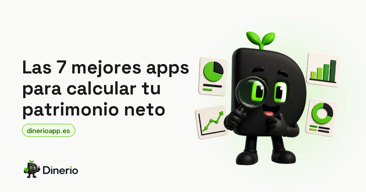 La mascota de Dinerio con una lupa, rodeada de gráficos, junto al título del artículo sobre apps de patrimonio neto