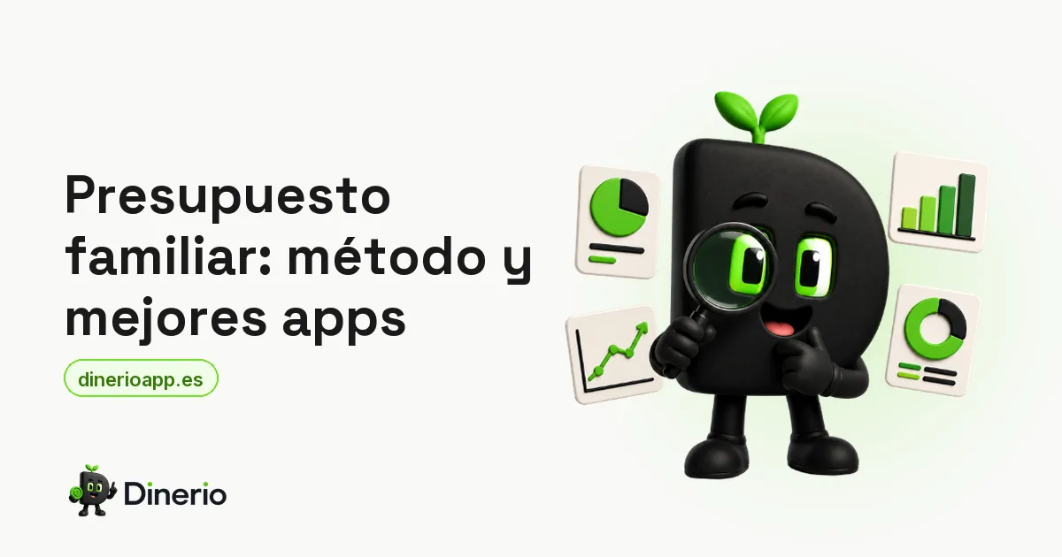 La mascota de Dinerio con una lupa, rodeada de gráficos, junto al título del artículo sobre presupuesto familiar