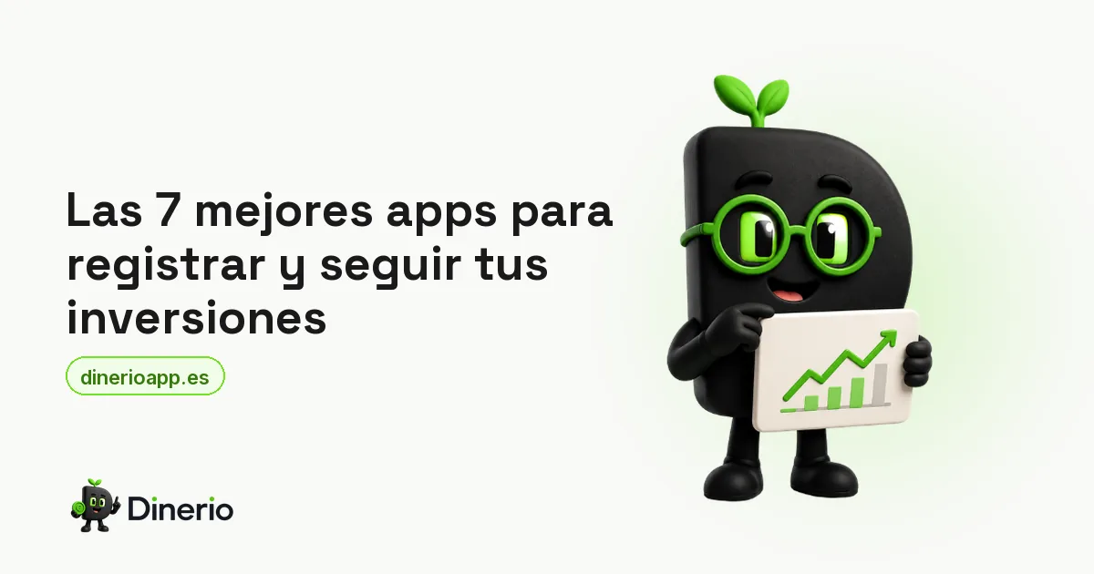 La mascota de Dinerio sosteniendo un gráfico de inversiones al alza, junto al título del artículo sobre apps para registrar inversiones