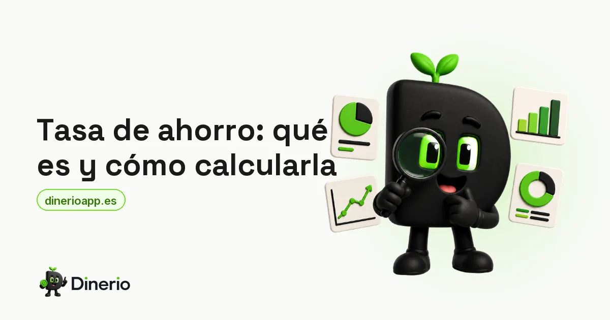 La mascota de Dinerio con una lupa, rodeada de gráficos, junto al título del artículo sobre la tasa de ahorro