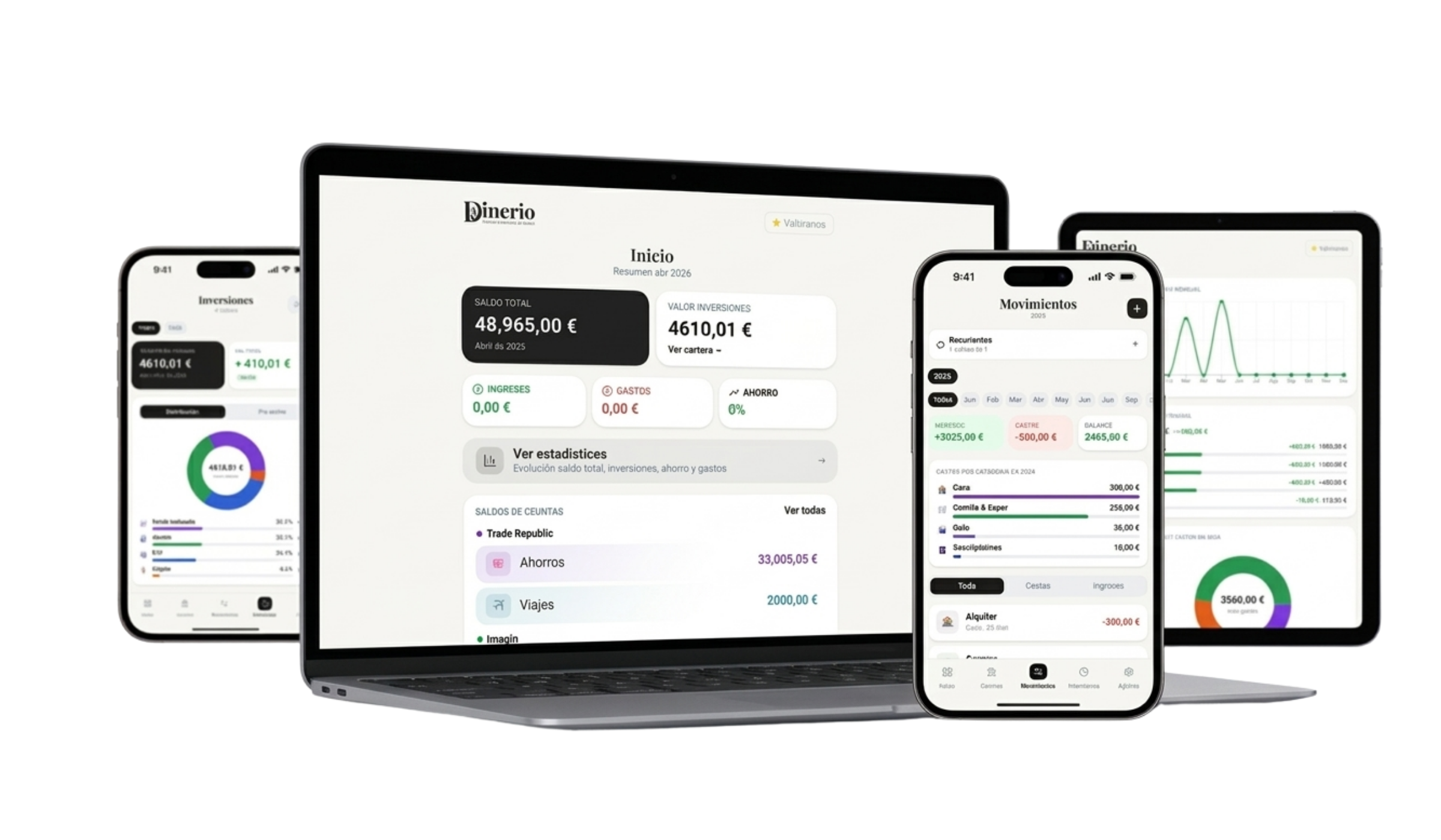 Dinerio: dashboard, movimientos, inversiones y estadísticas en portátil, móvil y tablet