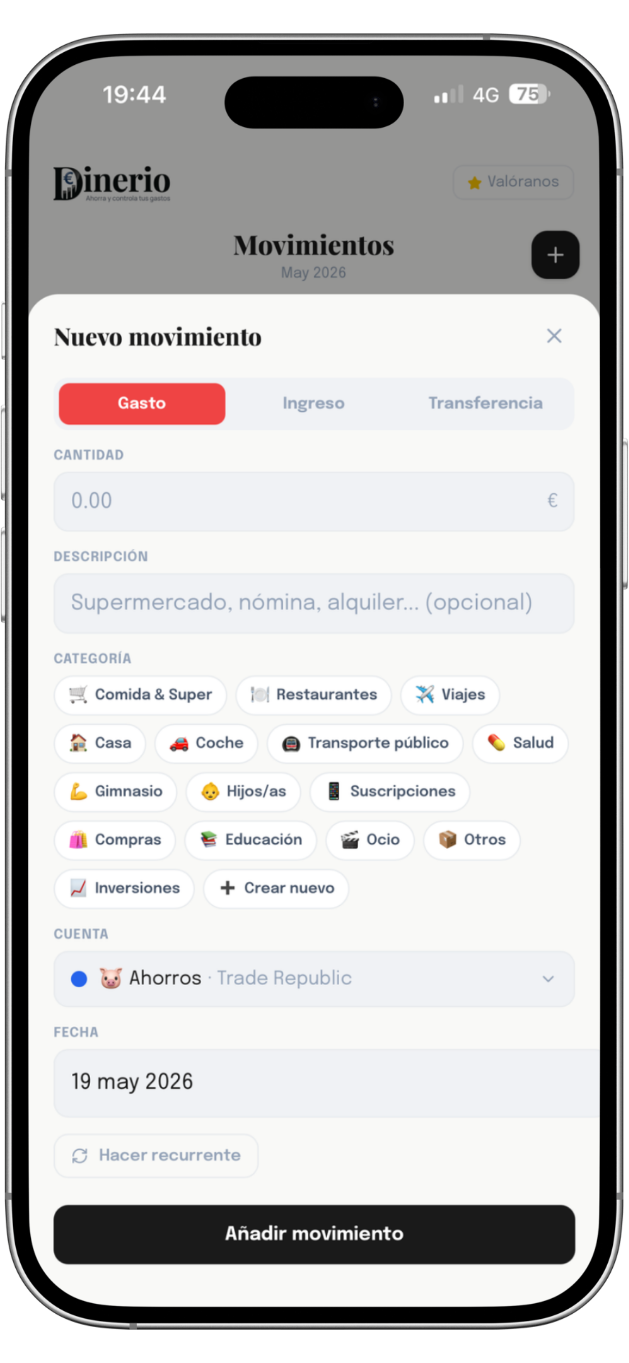 Pantalla de movimientos en Dinerio